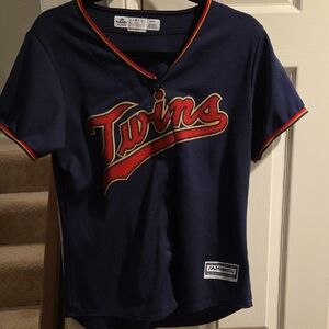 Majestic Twins Navy, Red, and Gold Logo Jersey Large L